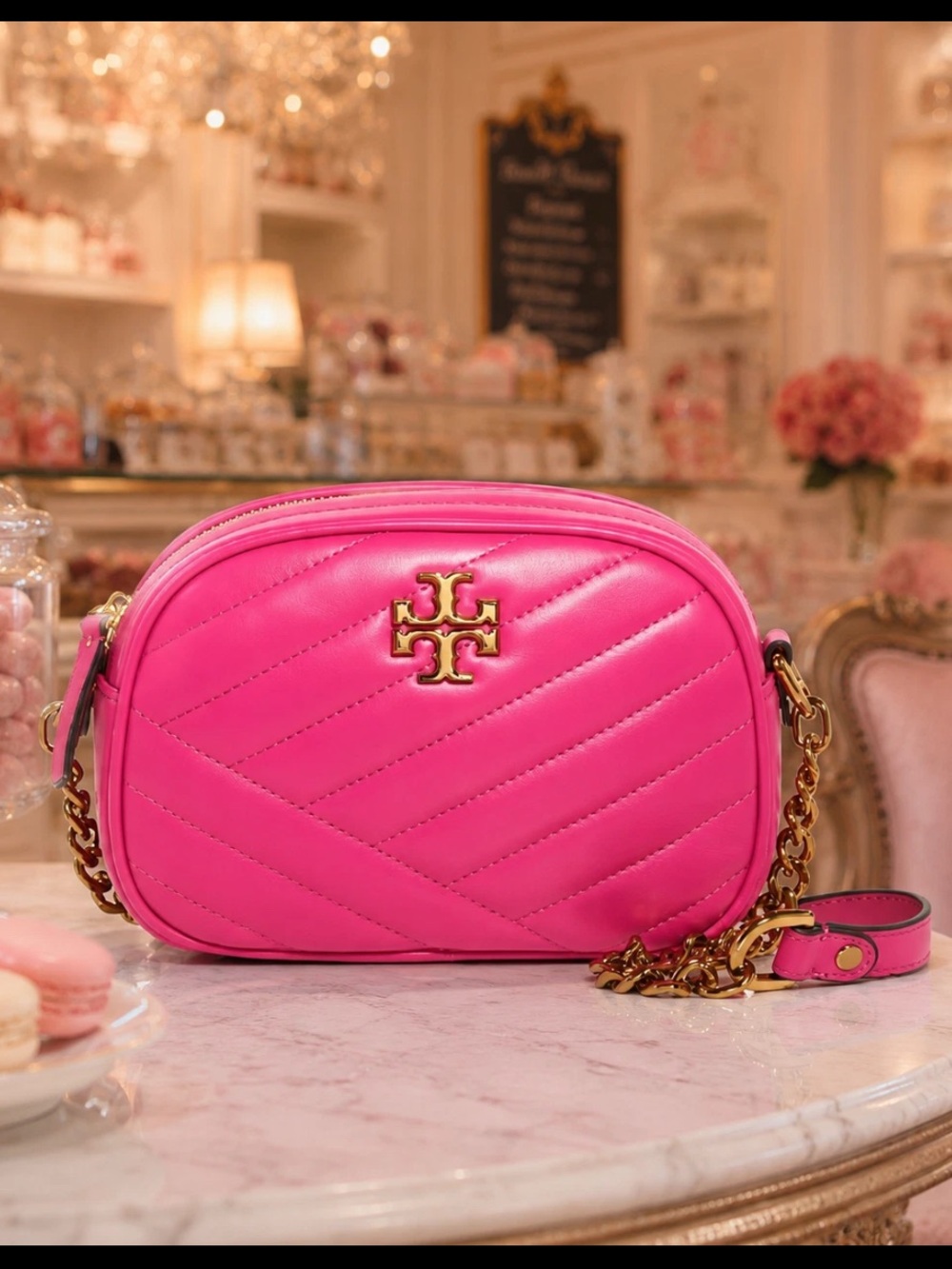 Tory Burch Kira Chevron Crazy Pink Quilted Leather Small Camera Crossbody Bag